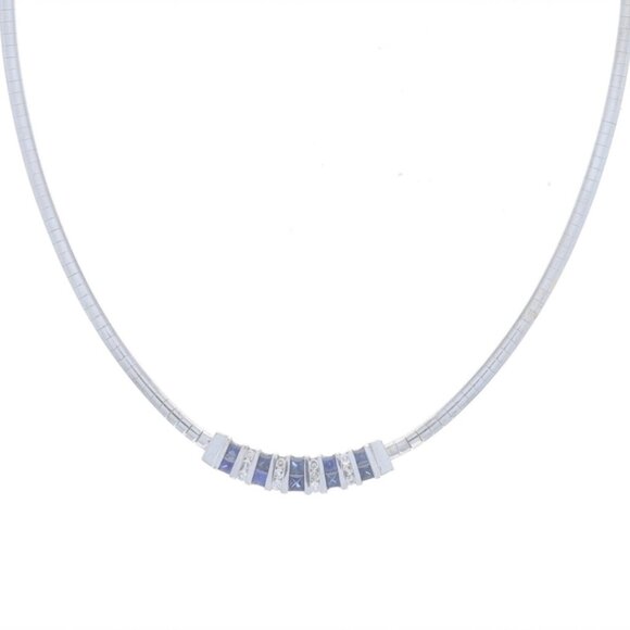 White Gold Sapphire Diamond Curved Station Necklace - 14k Princess 1.58ctw - Picture 1 of 6